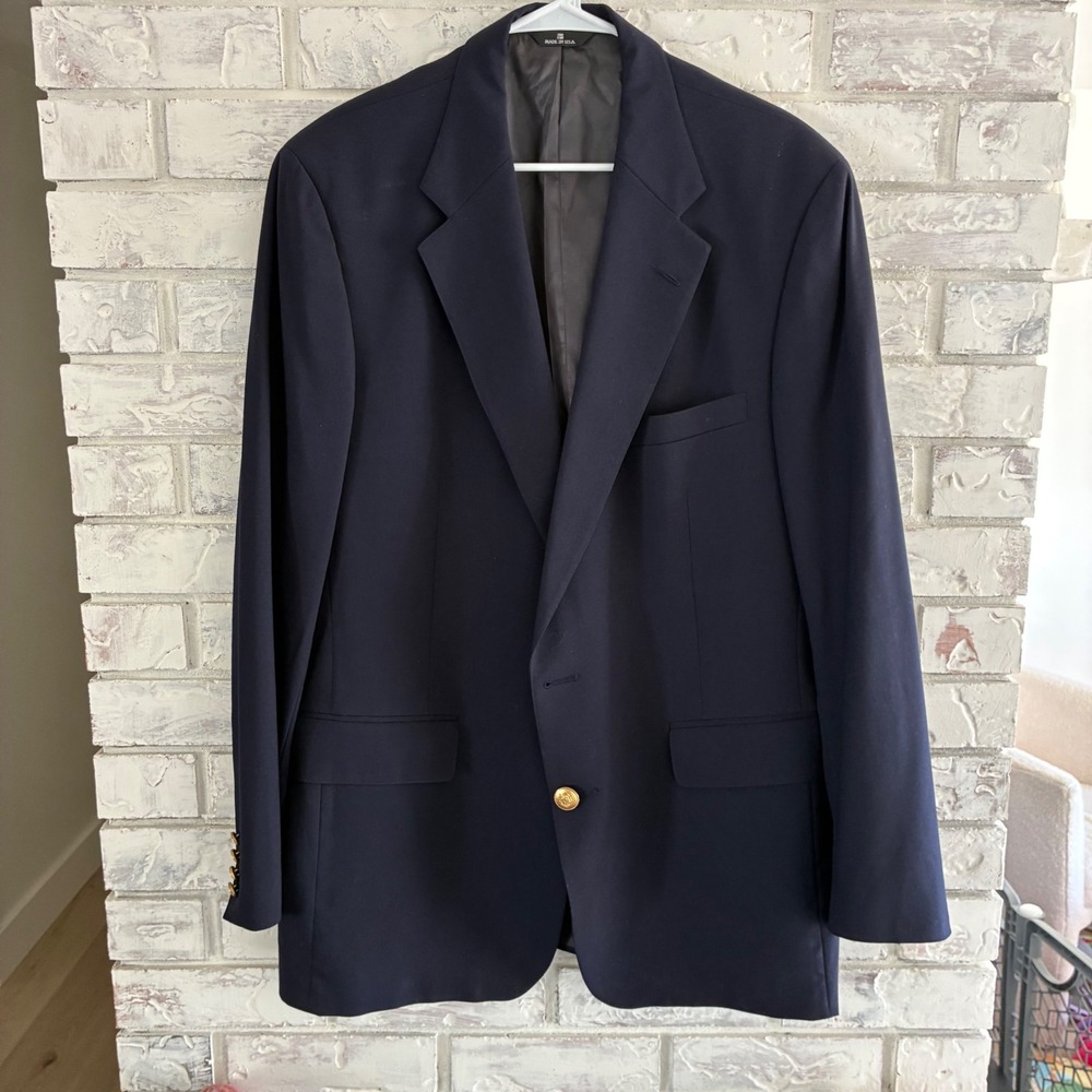 Vintage Chaps Ralph Lauren Mens Navy Wool Blazer Gold Crest Buttons USA Made 40L
